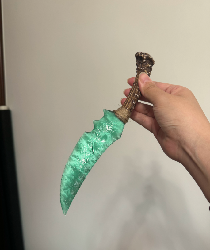 Hand-Knapped Mint Green Flint Dagger with Antler Handle - Artisan Knapped Stone Knife